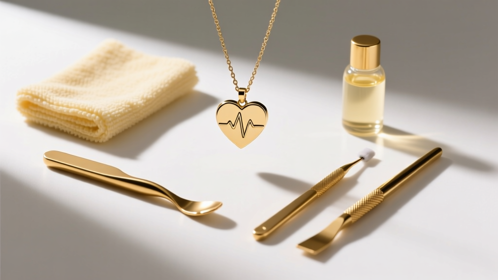 Flat lay of gold cleaning tools, a microfiber cloth, mild soap, and a heartbeat EKG pendant waiting to be gently polished.