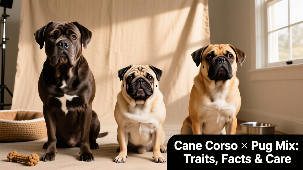 Side-by-side comparison showing physical differences between a Cane Corso, a Pug, and a Corso Pug mix