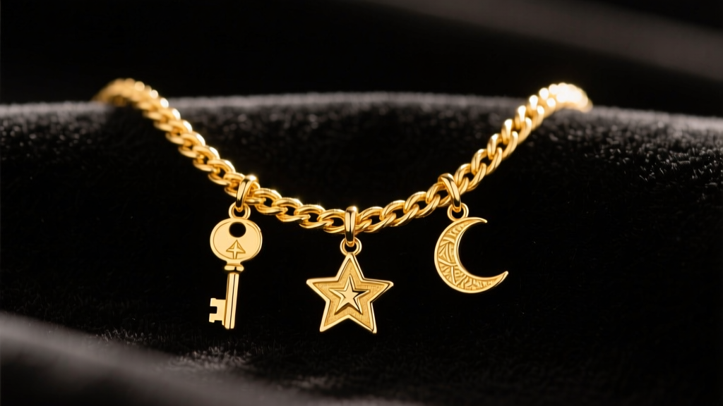 Close-up of a 14k gold rope chain necklace holding three small gold charms, resting on dark velvet under warm studio lighting.