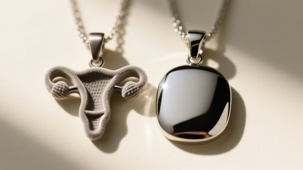 Macro shot of a matte titanium uterus pendant next to a polished steel pendant, highlighting surface finish and texture differences