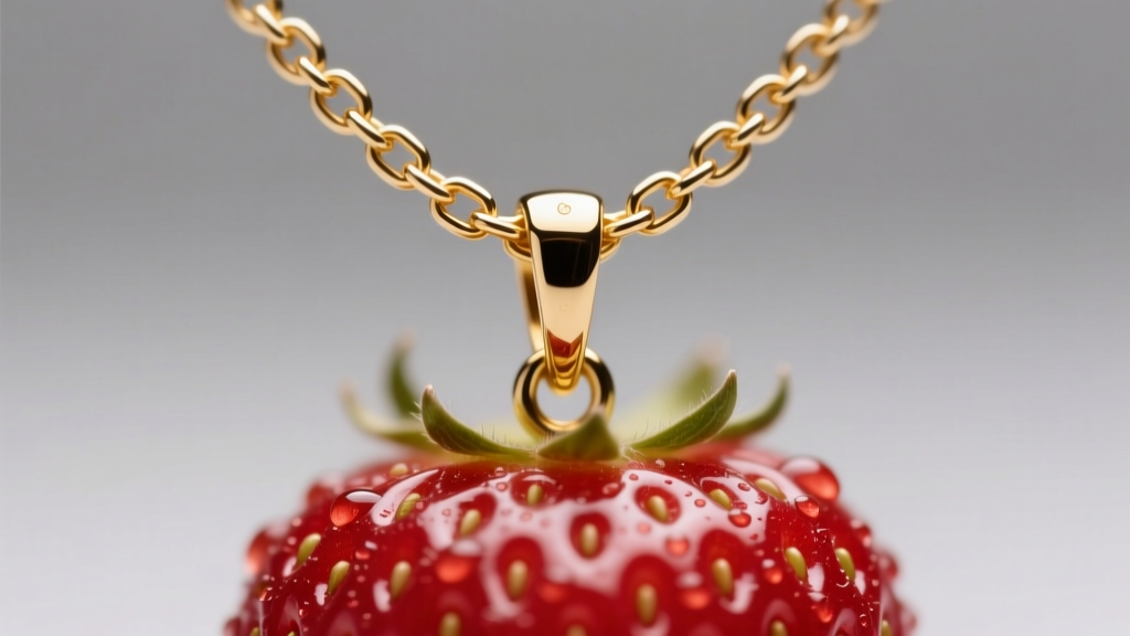 Macro view of a 1.2mm gold box chain threading through a hidden integrated bail on a strawberry pendant under soft studio lighting.