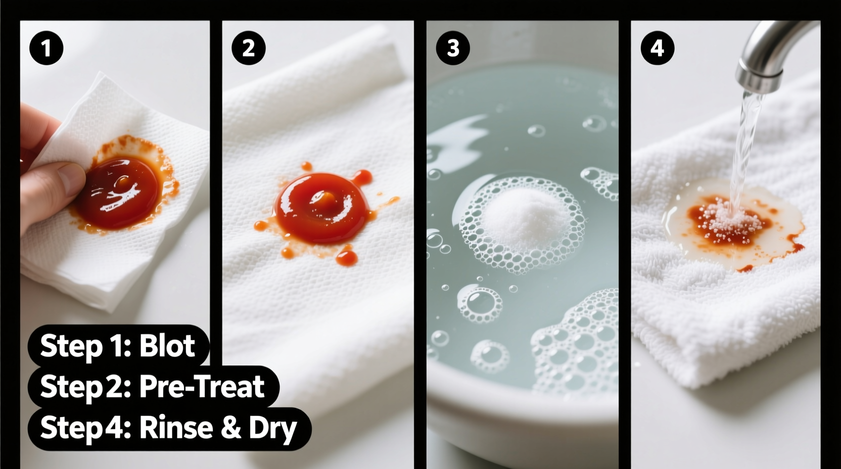 Step-by-step tomato sauce stain removal process on white fabric