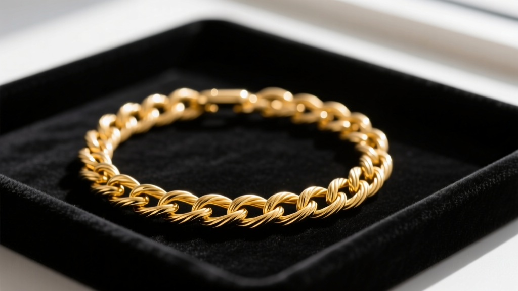 Close-up of a snapped 14k yellow gold cable chain resting on a dark jeweler's bench block, illuminated by a warm desk lamp