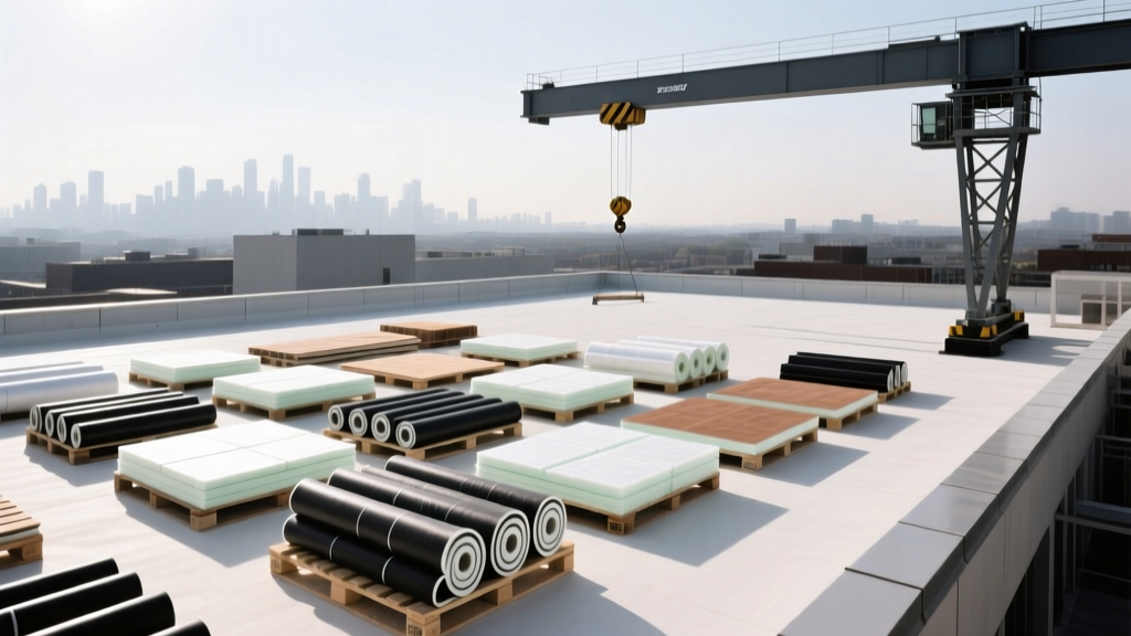 Commercial flat roof staging area with pallets of TPO membrane rolls and polyiso insulation boards neatly organized near a crane