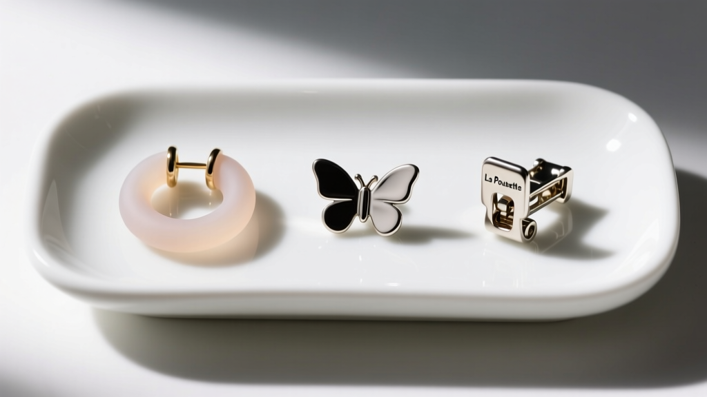 Side-by-side comparison of a silicone earring o-ring, a standard butterfly clutch, and a La pousette locking back on a white ceramic tray