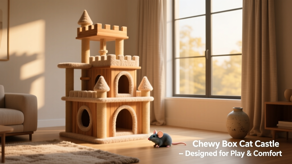 Finished castle displayed in a sunlit living room corner, with a toy mouse nearby