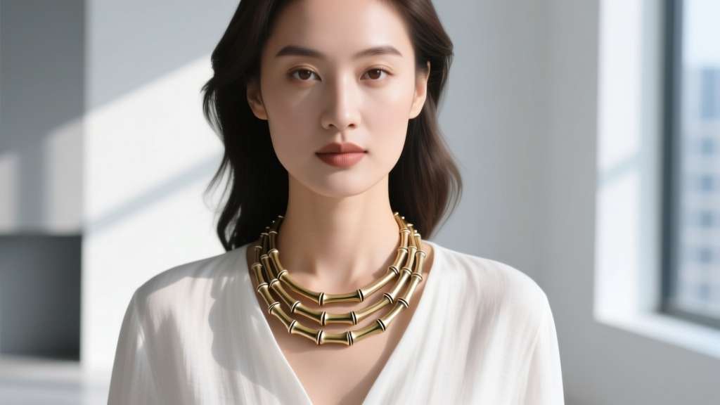 Close-up of a woman wearing a layered John Hardy bamboo necklace over a white linen blouse, highlighting elegant daytime styling.