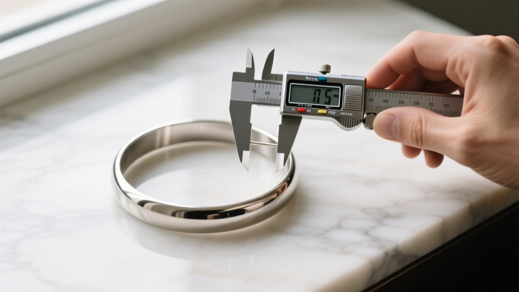 Overhead view of a jeweler using digital calipers to measure the exact inner diameter of a rigid stainless steel collar choker