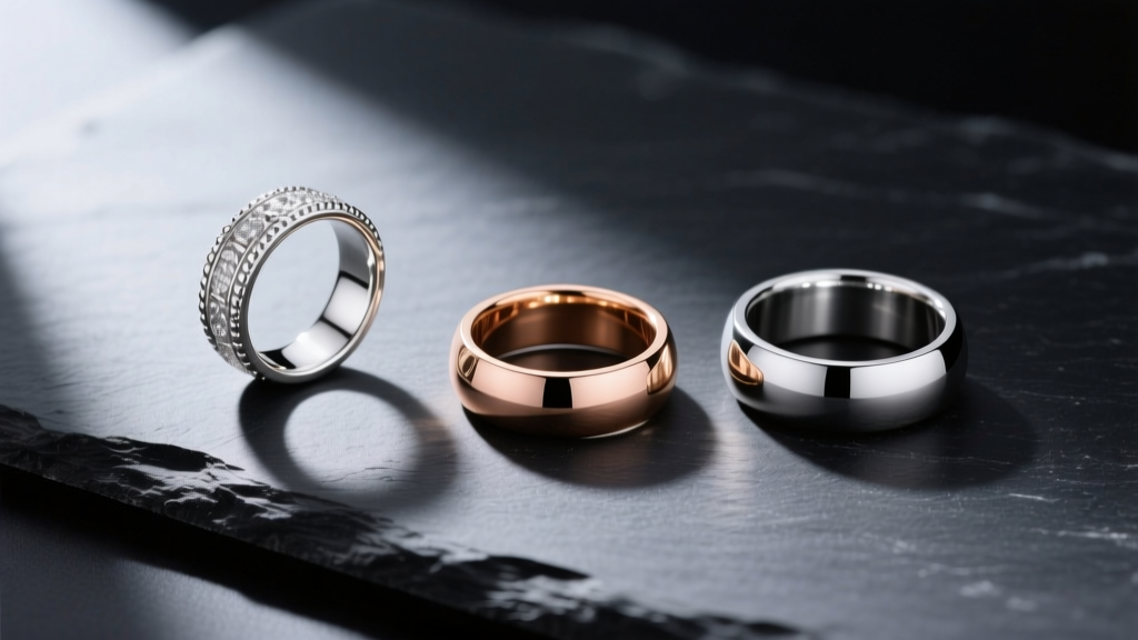 Flat lay of three ring pendants made of sterling silver, rose gold, and surgical steel arranged on a dark slate surface.