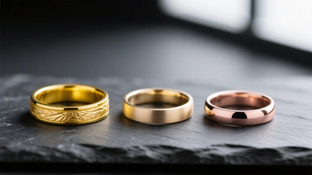 Macro shot of three wedding bands comparing bright yellow, pale gold, and rose gold alloys on dark slate under soft natural light.