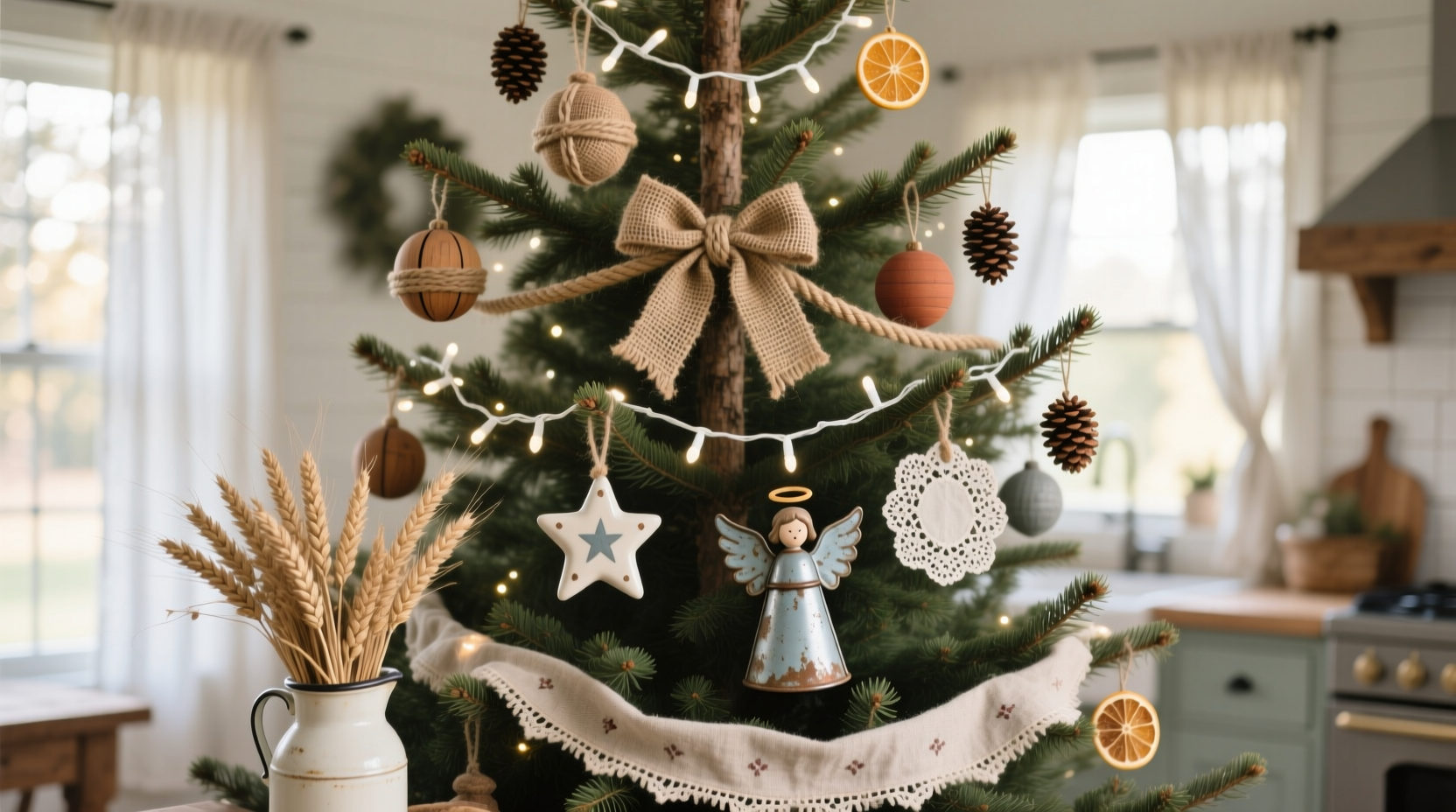 how to style a modern farmhouse christmas tree with rustic charm