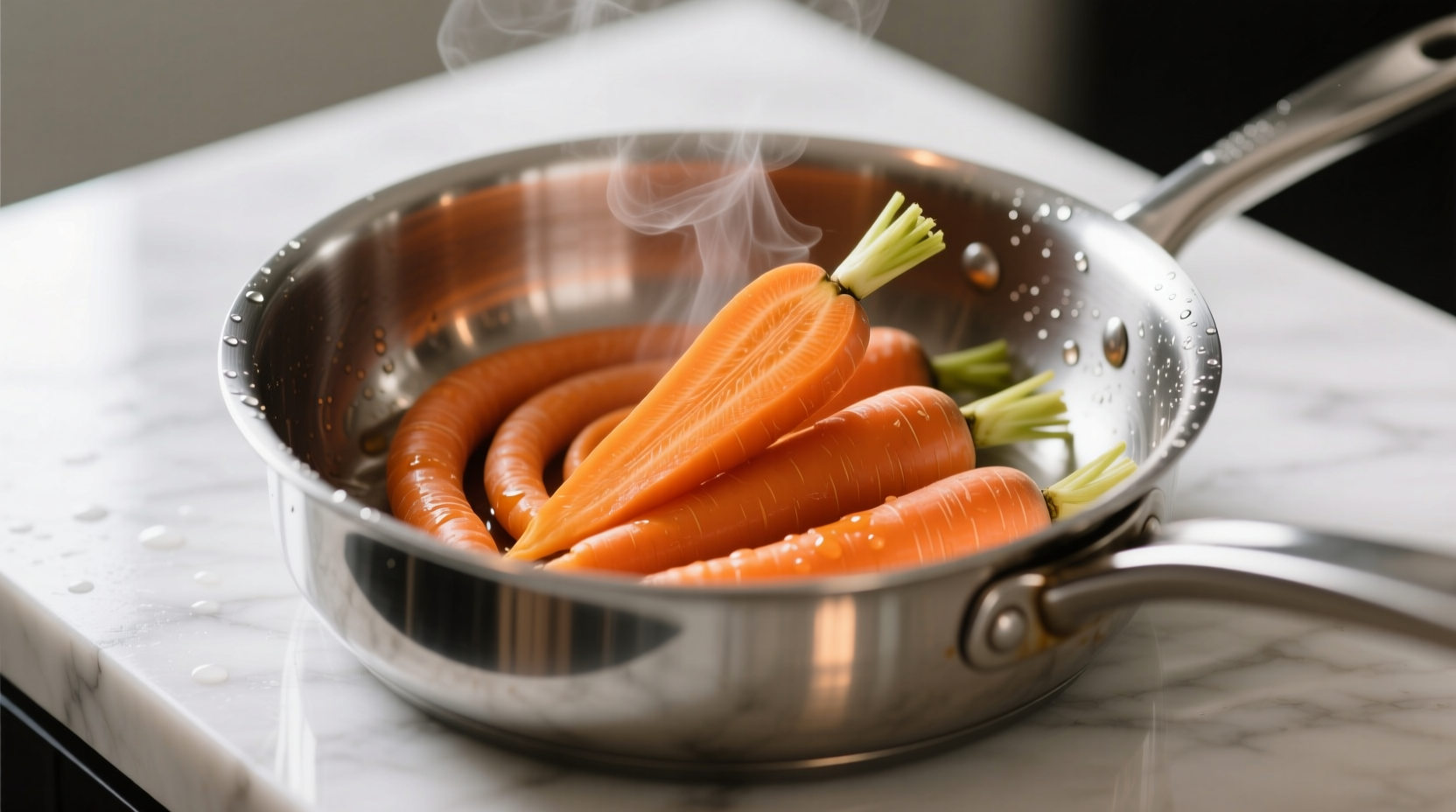 Perfectly cooked carrots in a stainless steel pot