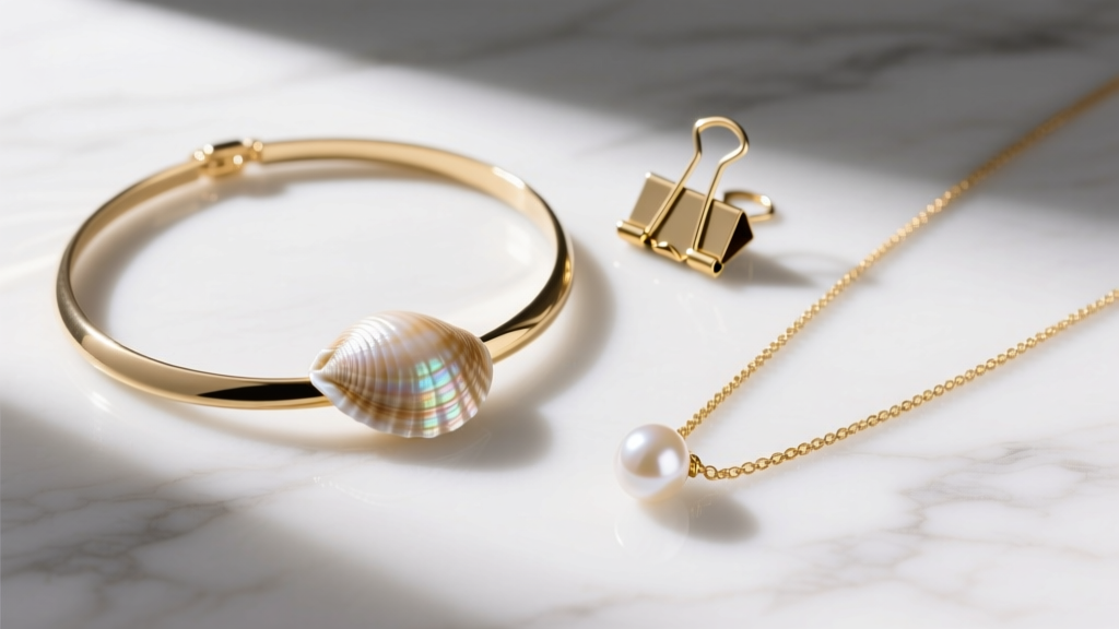 Flat lay of a clam shell choker, a gold paperclip chain, and a pearl pendant necklace arranged neatly on a white marble surface