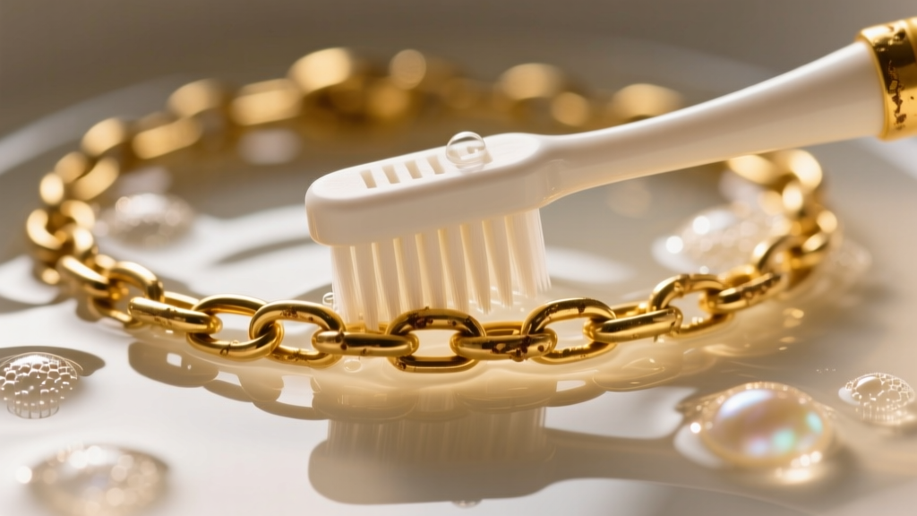 Macro shot of a soft toothbrush cleaning a tarnished 14k gold bracelet chain in warm soapy water under focused studio lighting.