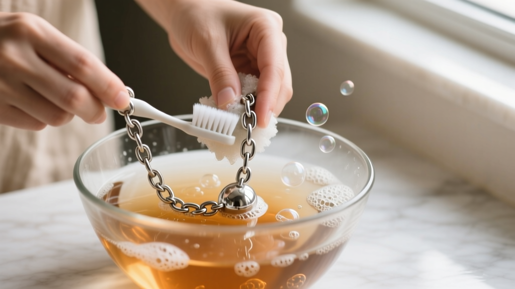 Hands gently scrubbing a tarnished sterling silver ball chain with a soft toothbrush in a glass bowl of warm soapy water.