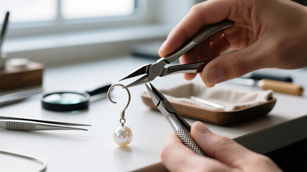 Close-up of jeweler hands using nylon pliers to open a 22-gauge niobium kidney wire hook for a custom pearl drop earring.