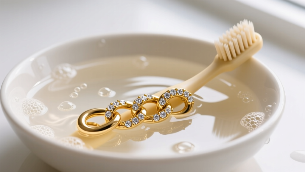 Soft-bristled baby toothbrush gently scrubbing a diamond-studded gold link submerged in a bowl of warm, mild soapy water solution.