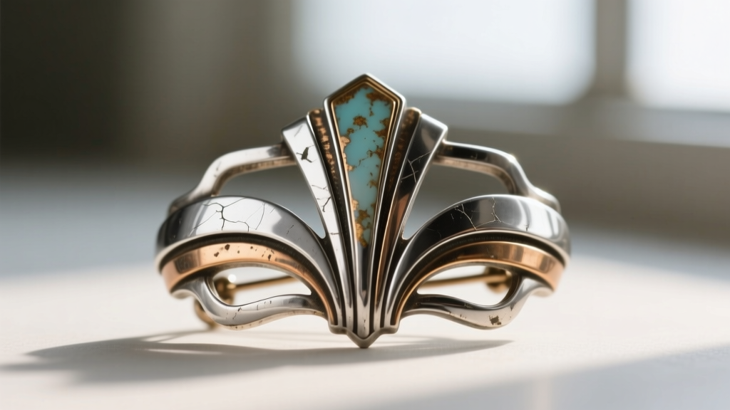 Macro shot of 1930s art deco costume jewelry pot metal brooch showing chrome plating wear and early signs of zinc alloy oxidation