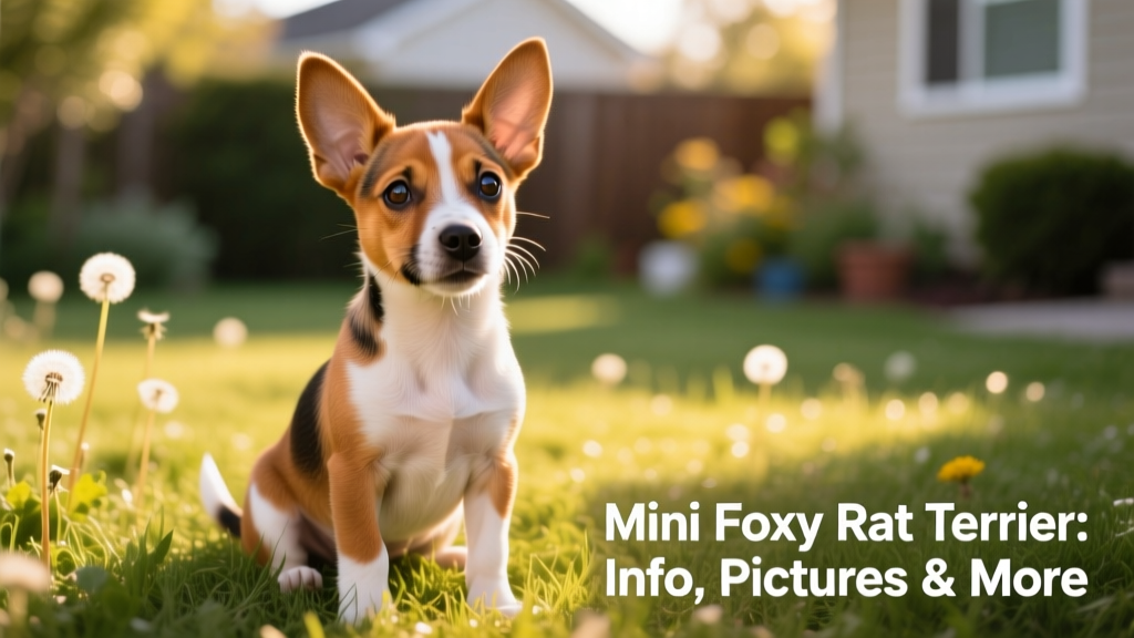 A lively Mini Foxy Rat Terrier puppy sitting on grass, ears perked, with bright eyes and a curious expression