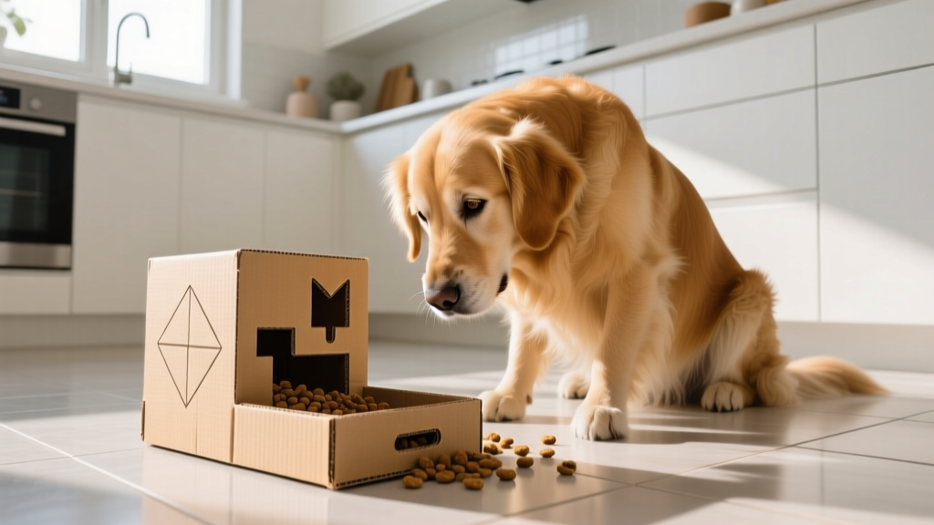 Golden retriever working on a homemade cardboard puzzle feeder with kibble scattered inside on a kitchen floor