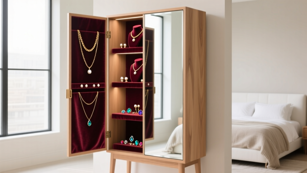 Tall DIY cabinet with full-length mirror door open, revealing velvet-lined jewelry shelves in a bright modern bedroom setting