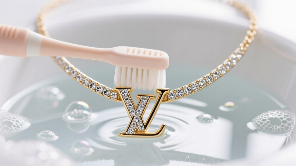 Close-up of a soft baby toothbrush gently scrubbing diamond pavé edges of an 18k white gold LV V necklace in mild soapy water.