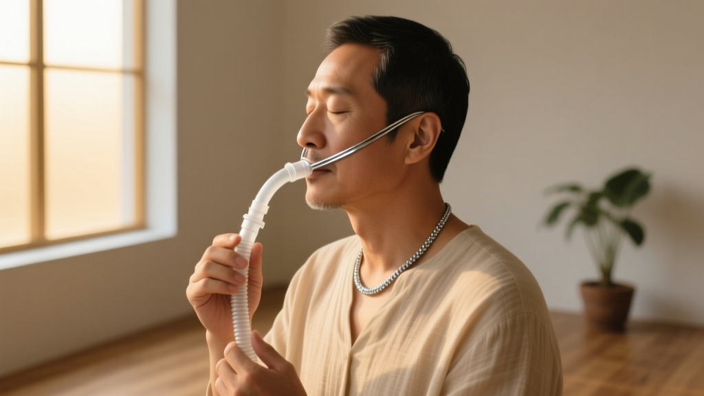 Side profile of a man holding a silver breathing tube necklace to his lips, eyes closed, practicing deep breathing in soft light.