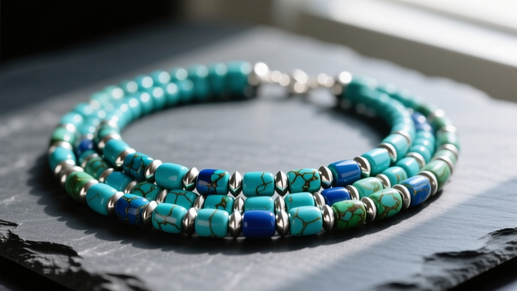 Close-up of a multi-strand Santo Domingo turquoise heishi necklace with silver cones, laid flat on a dark slate surface background.