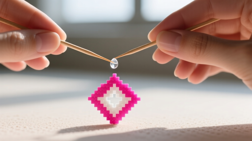 Hands using a toothpick to apply a precise drop of UV resin to the sanded back of a bright pink perler bead earring design