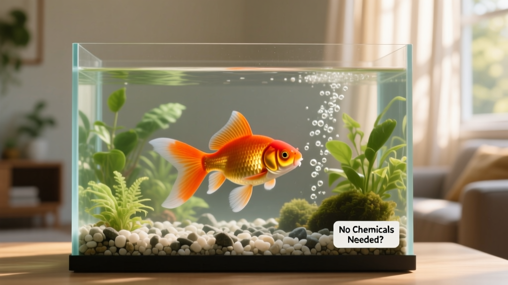 A healthy goldfish swimming peacefully in a well-maintained freshwater aquarium with live plants and clean gravel