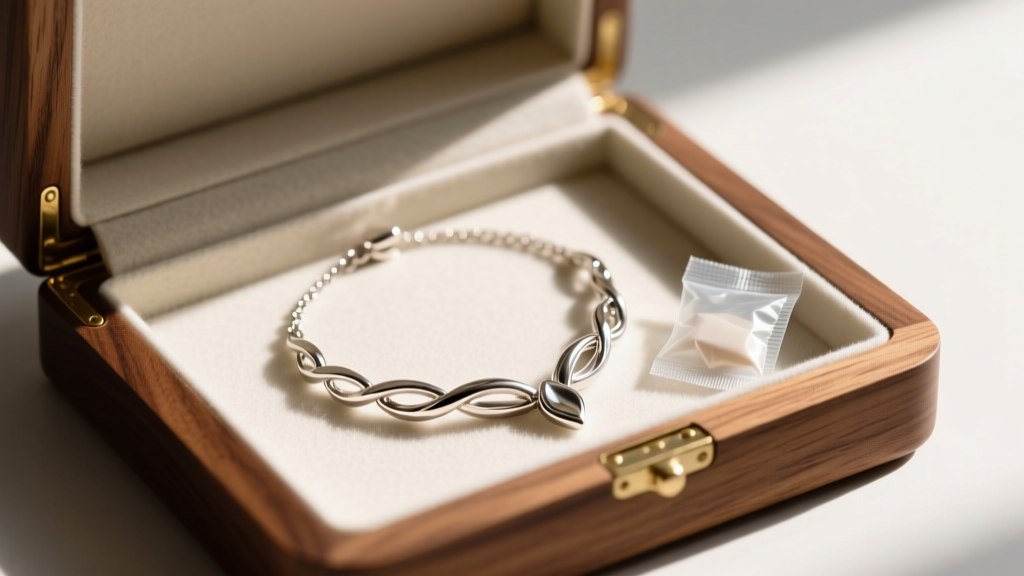 Polished silver necklace on acid-free felt inside a custom walnut jewelry box, resting next to a small silica gel packet.