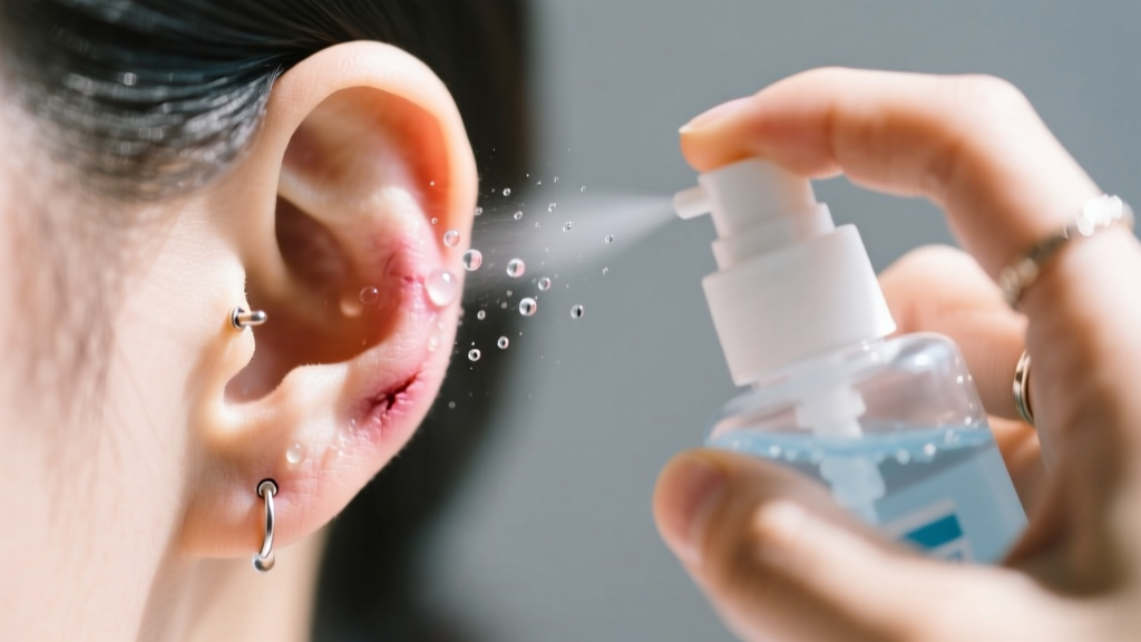 Close-up of a hand spraying sterile 0.9% saline wound wash onto a healing earlobe piercing, captured in bright natural daylight
