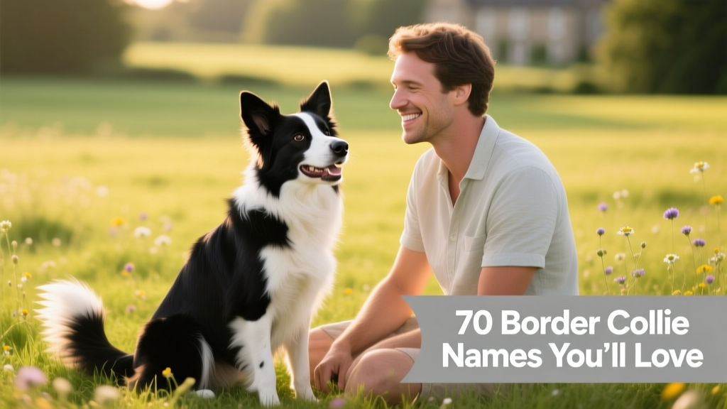 A smiling, well-groomed Border Collie sitting attentively beside its owner on a grassy field