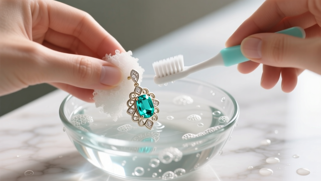 Hands gently scrubbing an aquamarine white gold earring with a soft baby toothbrush and soapy lukewarm water in a clear glass bowl