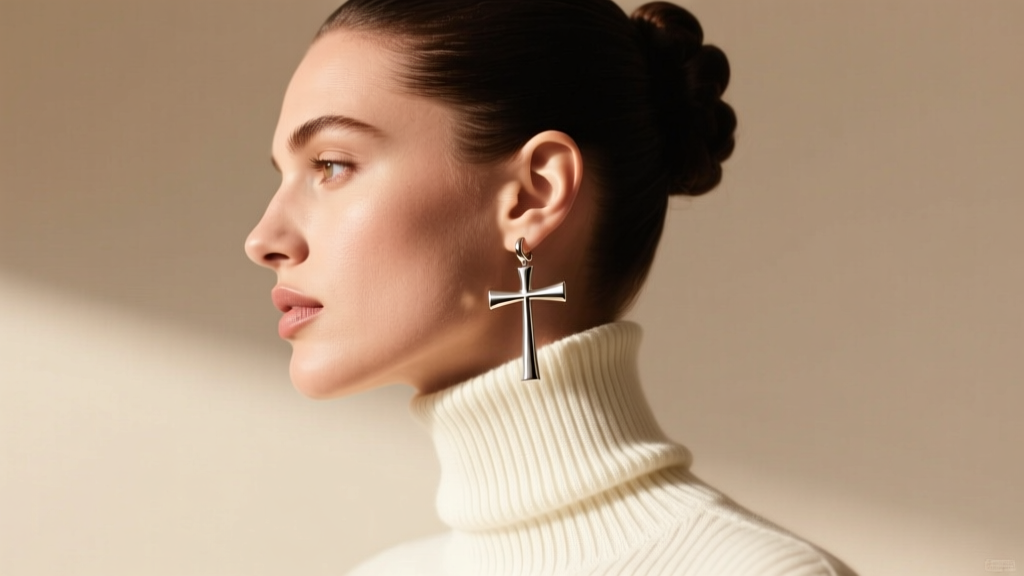 Side profile of a model with an updo showcasing a lightweight titanium dangly cross earring and a high-neck ribbed knit sweater