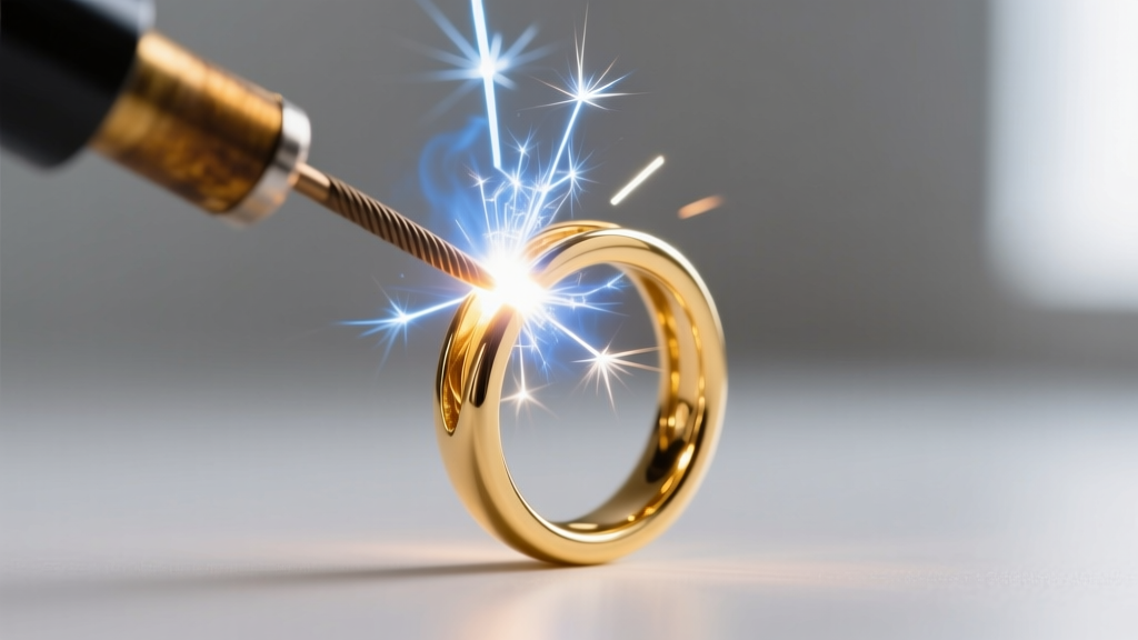 Close-up of a pulse arc welder electrode touching a 14k gold permanent jewelry jump ring, emitting a bright micro-weld spark