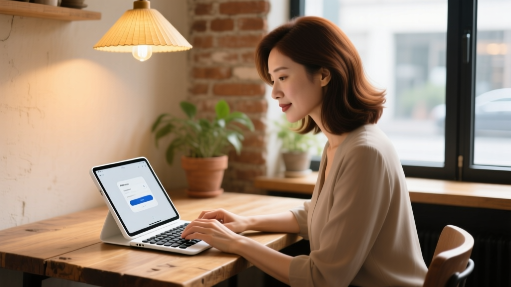 Woman typing on a white Logitech Pebble Keys 2 K380s Bluetooth keyboard connected to a tablet at a cozy coffee shop with warm ambient lighting