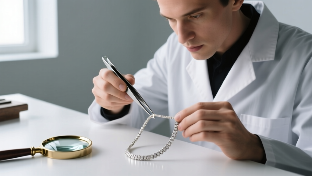 Jeweler using tweezers to inspect a micro-weld on a 20-gauge white gold permanent necklace, with a magnifying loupe nearby.