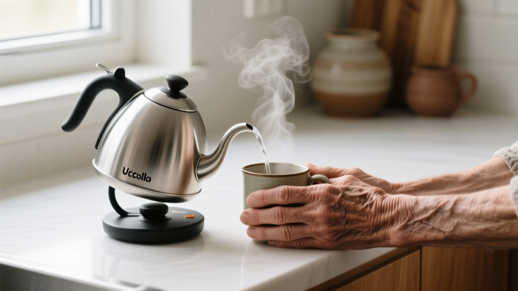 Hands with severe rheumatoid arthritis using the Uccello Tipper Kettle in its weighted cradle to pour boiling water safely into a mug