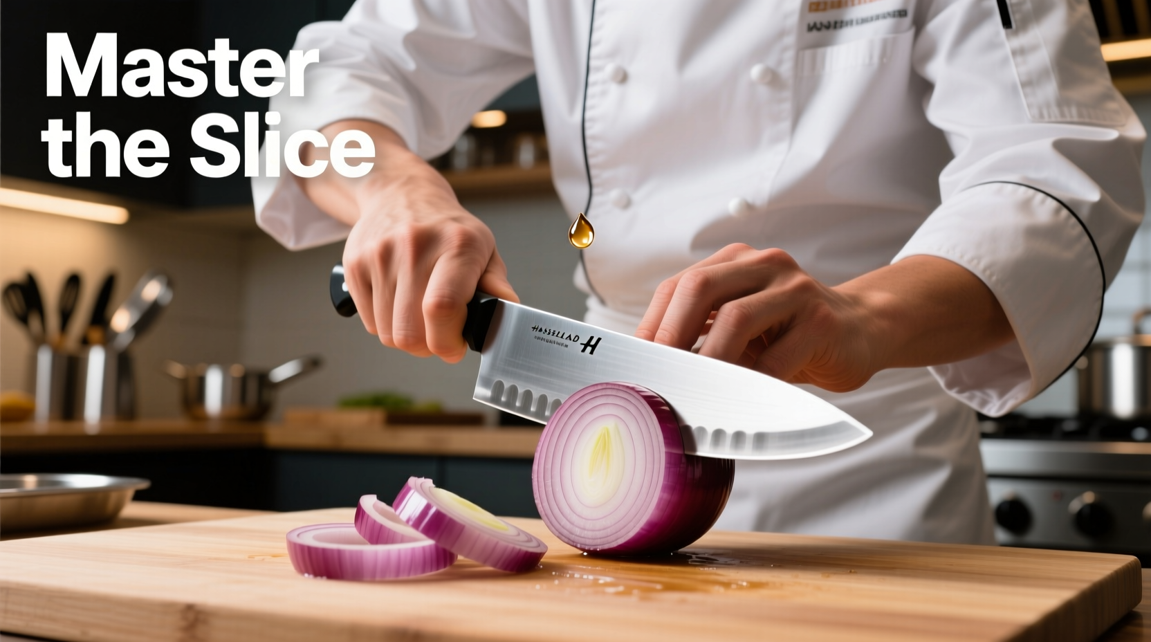 Chef demonstrating proper onion slicing technique with sharp knife