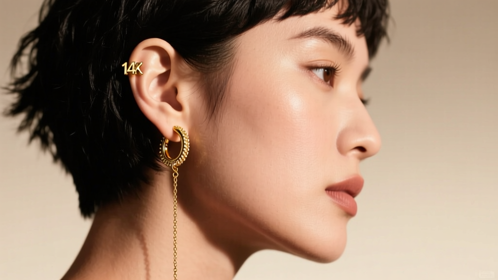 Side view of a left ear curation featuring 14k gold huggies and a chain earring on a person with short hair, warm studio lighting.
