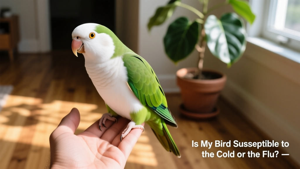 A white-bellied caique perched calmly on a hand, showing alert posture and bright eyes
