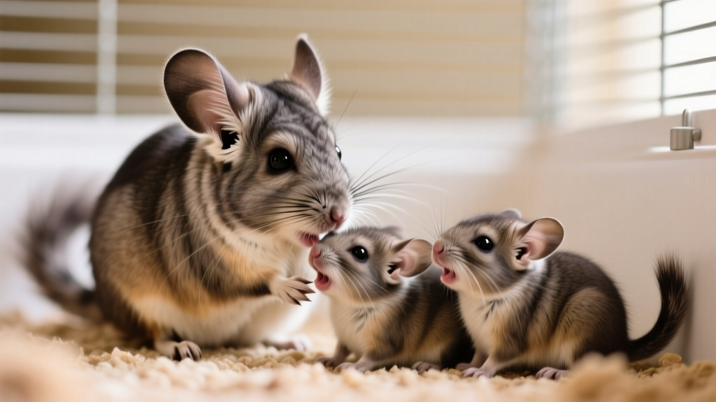 Mother chinchilla gently nuzzling her kits while emitting soft cooing sounds, in a softly lit, clean habitat