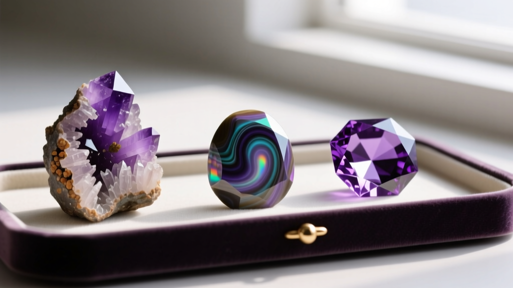 Macro photography comparing raw sugilite, polished charoite, and faceted purple fluorite on a jeweler