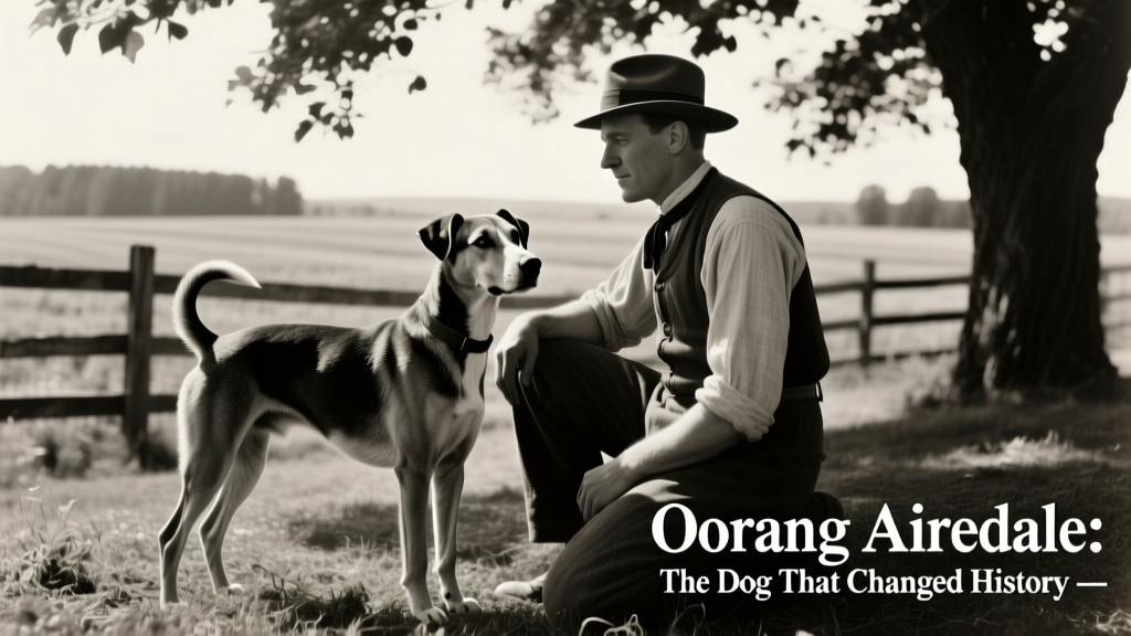 Historic black-and-white photo of an Oorang Airedale standing alert beside its owner in outdoor setting
