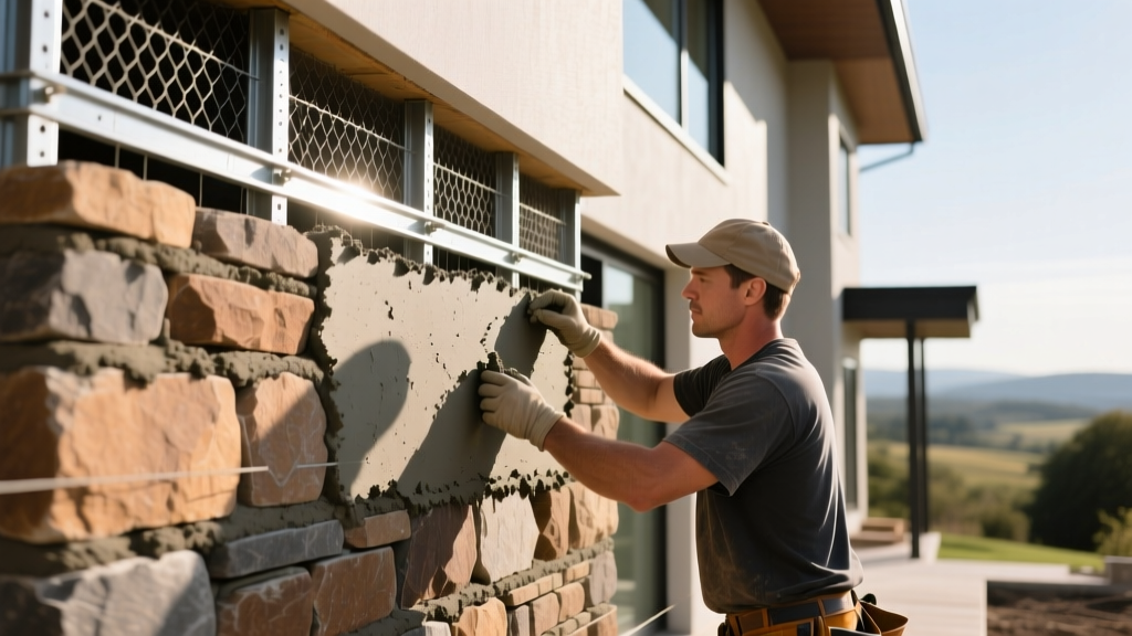 Mason applying mortar to stacked stone veneer on a modern exterior home facade with metal lath and weather barrier visible