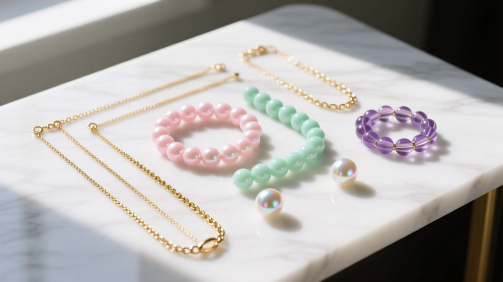 Overhead flat-lay of a DIY jewelry kit with gold-plated chains, pastel acrylic beads, and glass pearls on a bright marble desk