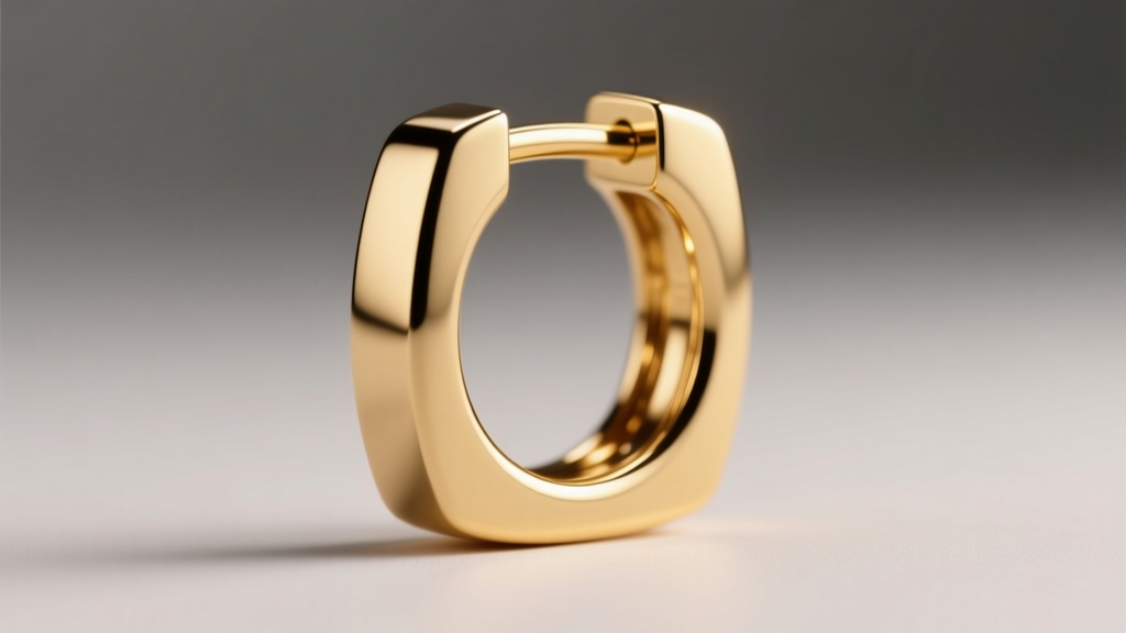 Macro close-up of a square gold hoop earring showing smoothly micro-beveled edges reflecting warm studio light.