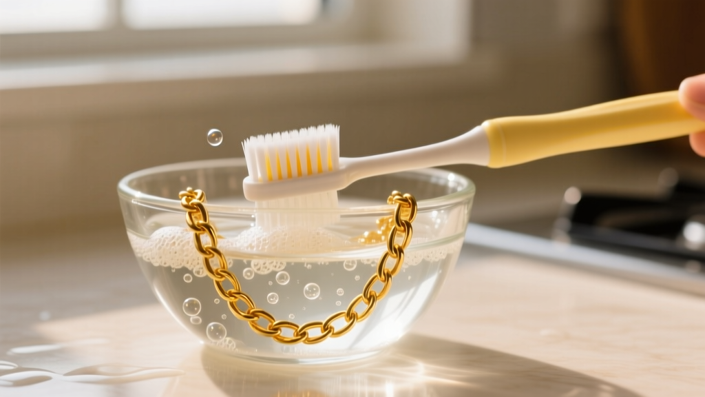 Close-up of a soft baby toothbrush gently scrubbing a 14k gold-filled chain bracelet in a glass bowl of soapy lukewarm water.
