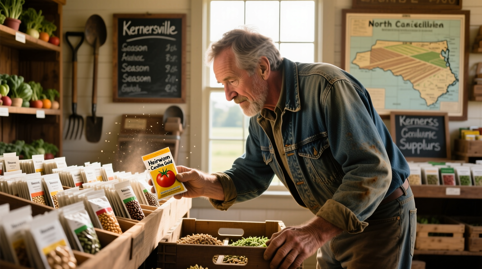 Local farmer examining seed varieties at Kernersville agricultural supply store